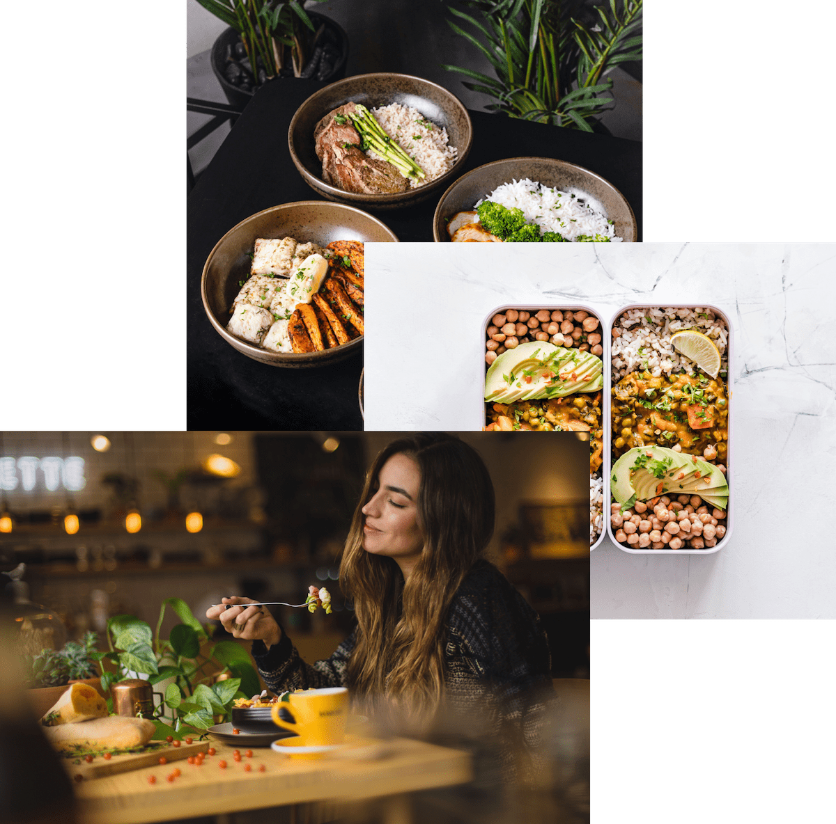 Woman enjoying food, meals in storage containerm and food bowls on a table